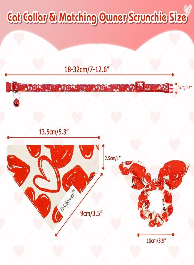 E-Clover Cat Collar-Cat Collars & Matching Scrunchie with Removable Bandana Bell Adjustable for Kitten Kitty Girl Owner Valentines Red Heart - Image 3